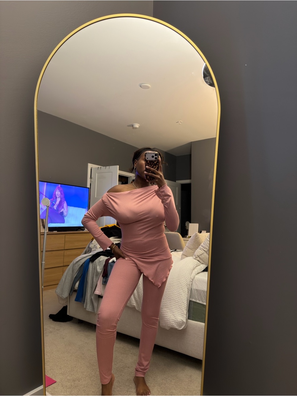 Ribbed One-Shoulder Pink Two Piece Set